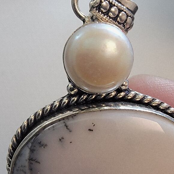 Necklace Pendants Dendritic Opal and Pearl Handmade Jewelry in Sterling Silver - Picture 6 of 10